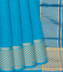 Cyan Handwoven Tussar Silk Saree With Striped Pallu-Cyan