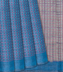 Steel Blue Handloom Tussar Silk Saree With Checks-Steel Blue