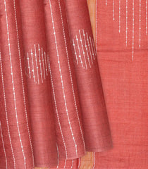 Dark Peach Woven Tussar Silk Saree With Embroidered Stripes-Dark Peach