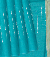 Turquoise Woven Tussar Silk Saree With Chevron Stripes-Turquoise