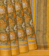 Mustard Handwoven Printed Tussar Silk Saree With Floral Motifs-Mustard