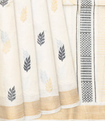 Cream Handwoven Tussar Silk Saree With Floral Motifs-Cream