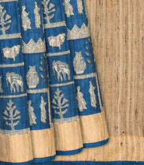 Blue Handloom Tussar Silk Saree With Printed Elephant Motifs-Blue