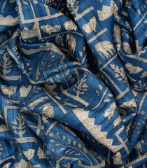 Blue Handloom Tussar Silk Saree With Printed Elephant Motifs-Blue