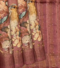 Dusty Pink Handloom Tussar Silk Saree With Printed Bird Motifs-Dusty Pink