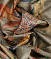 Grey Handloom Tussar Silk Saree With Printed Floral Motifs-Grey