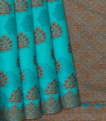 Cyan Handwoven Tussar Silk Saree With Floral Motifs-Cyan