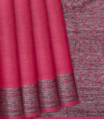 Hot Pink Handwoven Tussar Silk Saree With Floral Motifs In Border-Hot Pink