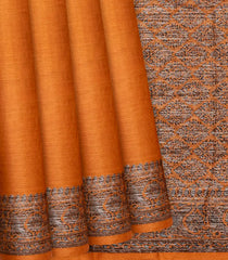 Orange Handwoven Tussar Silk Saree With Floral Motifs In Border-Orange