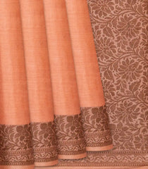 Peach Handwoven Tussar Silk Saree With Floral Motifs In Border-Peach