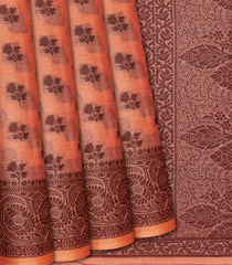 Dark Peach Handwoven Tussar Silk Saree With Floral Butta Motifs-Dark Peach