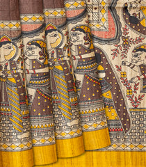 Brown Handloom Tussar Silk Saree With Printed Madhu bani Wedding Motifs-Brown