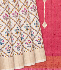 Cream Handloom Tussar Silk Saree With Printed Floral Jaal Motifs-Cream