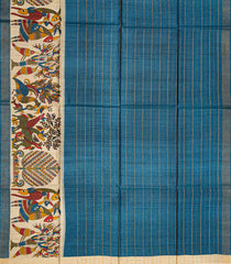 Indigo Handloom Tussar Silk Saree With Stripes & Printed Deer Motifs-Ink Blue