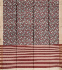 Brown Handloom Tussar Silk Saree With Printed Floral Motifs-Brown