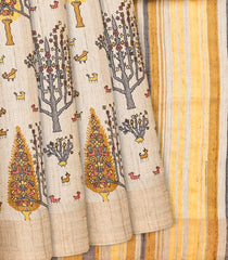 Cream Handloom Tussar Silk Saree With Printed Animal Motifs-Cream