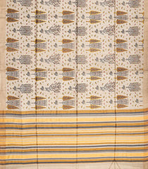 Cream Handloom Tussar Silk Saree With Printed Animal Motifs-Cream