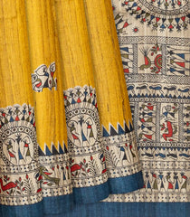 Mustard Handloom Tussar Silk Saree With Printed Chariot Motifs-Mustard