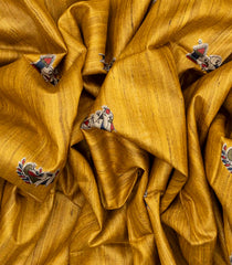 Mustard Handloom Tussar Silk Saree With Printed Chariot Motifs-Mustard