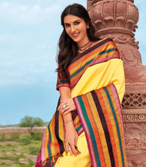 Yellow Handloom Silk Saree With Multi Colour Border