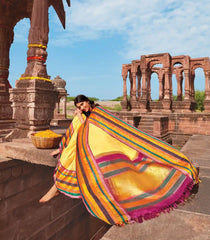 Yellow Handloom Silk Saree With Multi Colour Border