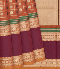 Rust Handloom Village Cotton Saree With Checks & Kamalam Motifs-Rust