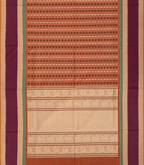 Rust Handloom Village Cotton Saree With Checks & Kamalam Motifs-Rust