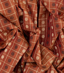 Rust Handloom Village Cotton Saree With Checks & Kamalam Motifs-Rust