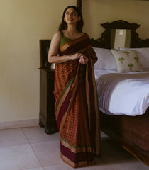 Rust Handloom Village Cotton Saree With Checks & Kamalam Motifs-Rust