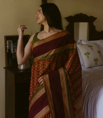 Rust Handloom Village Cotton Saree With Checks & Kamalam Motifs-Rust