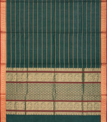 Dark Green Handloom Village Cotton Saree With Stripes and Animal motifs-Dark Green