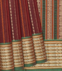 Crimson Handloom Village Cotton Saree With Stripes-Crimson