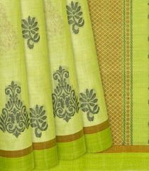 Pista Green Handloom Village Cotton Saree With Flower Motifs-Pista Green