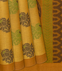 Olive Green Handloom Village Cotton Saree With Flower Motifs-Olive Green