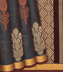 Dark Brown Handloom Village Cotton Saree With Traditional Motifs-Dark Brown