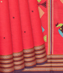 Peach Handloom Village Cotton Saree With Animal Motifs-Peach