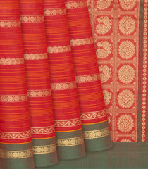 Red Handloom Village Cotton Saree With Stripes-Red