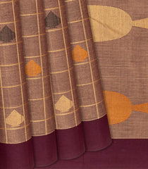 Beige Handloom Village Cotton Saree With Checks-Beige