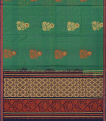 Green Handloom Village Cotton Saree With Floral Motifs-Green