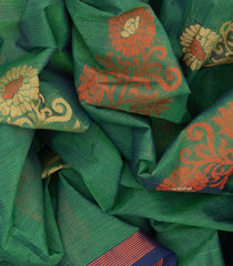 Green Handloom Village Cotton Saree With Floral Motifs-Green