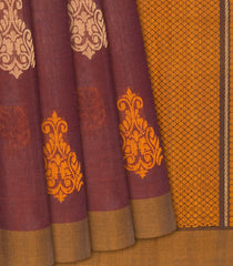 Brown Handloom Village Cotton Saree With Floral Motifs-Brown