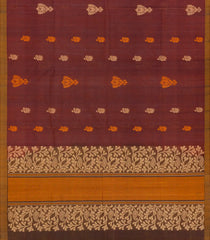 Brown Handloom Village Cotton Saree With Floral Motifs-Brown