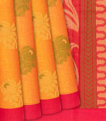 Mustard Handloom Village Cotton Saree With Floral Motifs-Mustard