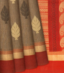 Grey Handloom Village Cotton Saree With Floral Motifs-Grey