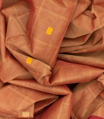 Camel Handloom Village Cotton Saree With Square Butta And Checks-Camel