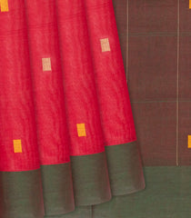 Dark Peach Handloom Village Cotton Saree With Square Butta And Checks-Dark Peach