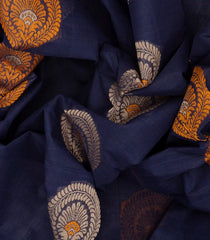 Navy Blue Handloom Village Cotton Saree With Floral Motifs-Navy Blue