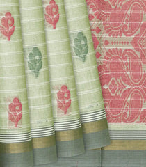 Pista Green Handloom Village Cotton Saree With Buttas & Stripes-Pista Green