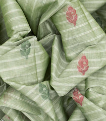 Pista Green Handloom Village Cotton Saree With Buttas & Stripes-Pista Green