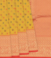 Yellow Blended Pashmina Kani Saree With Floral Motifs & Red Border-Yellow